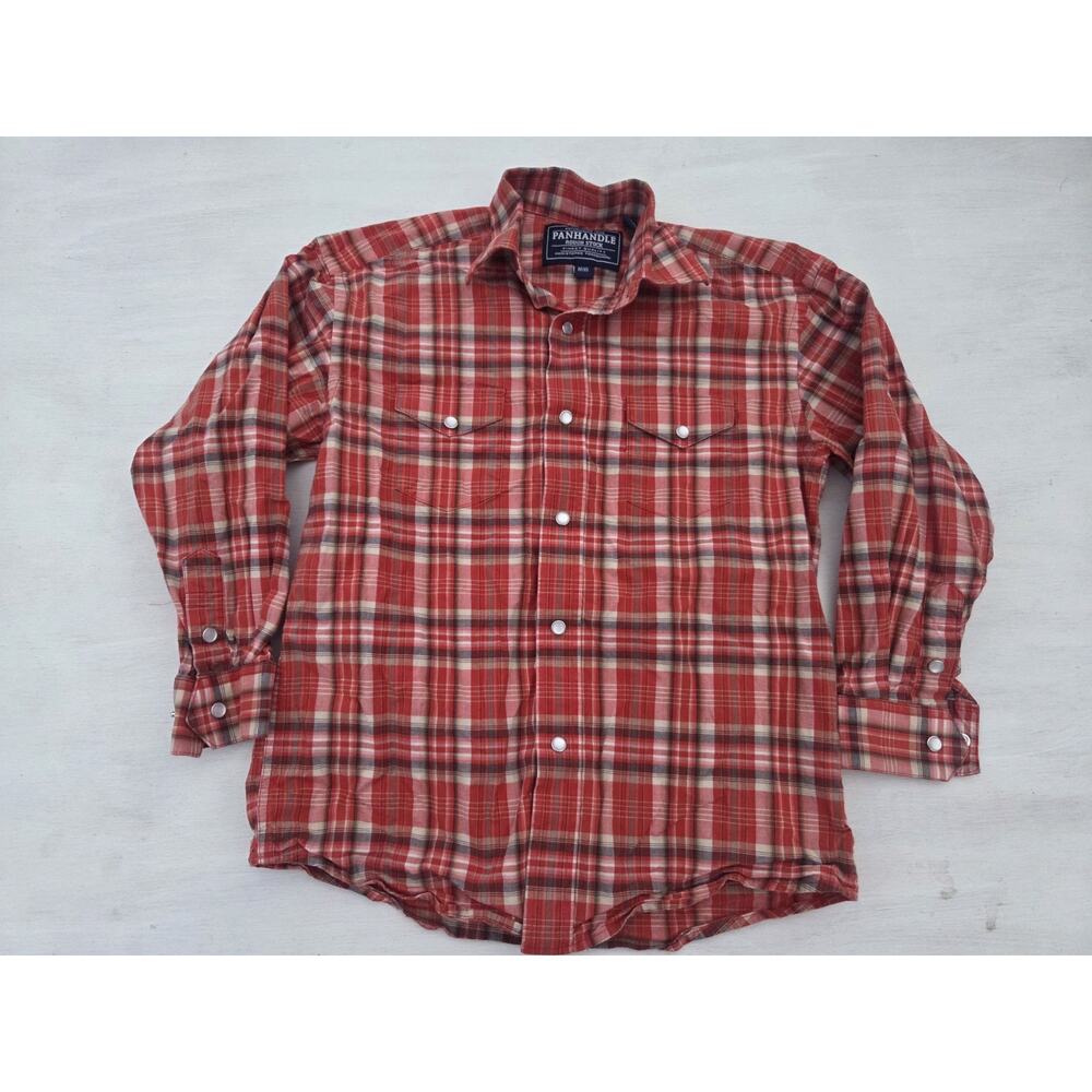 Panhandle Rough Stock Kids Size Medium 10 Plaid Pearl Snap Shirt Red M/10